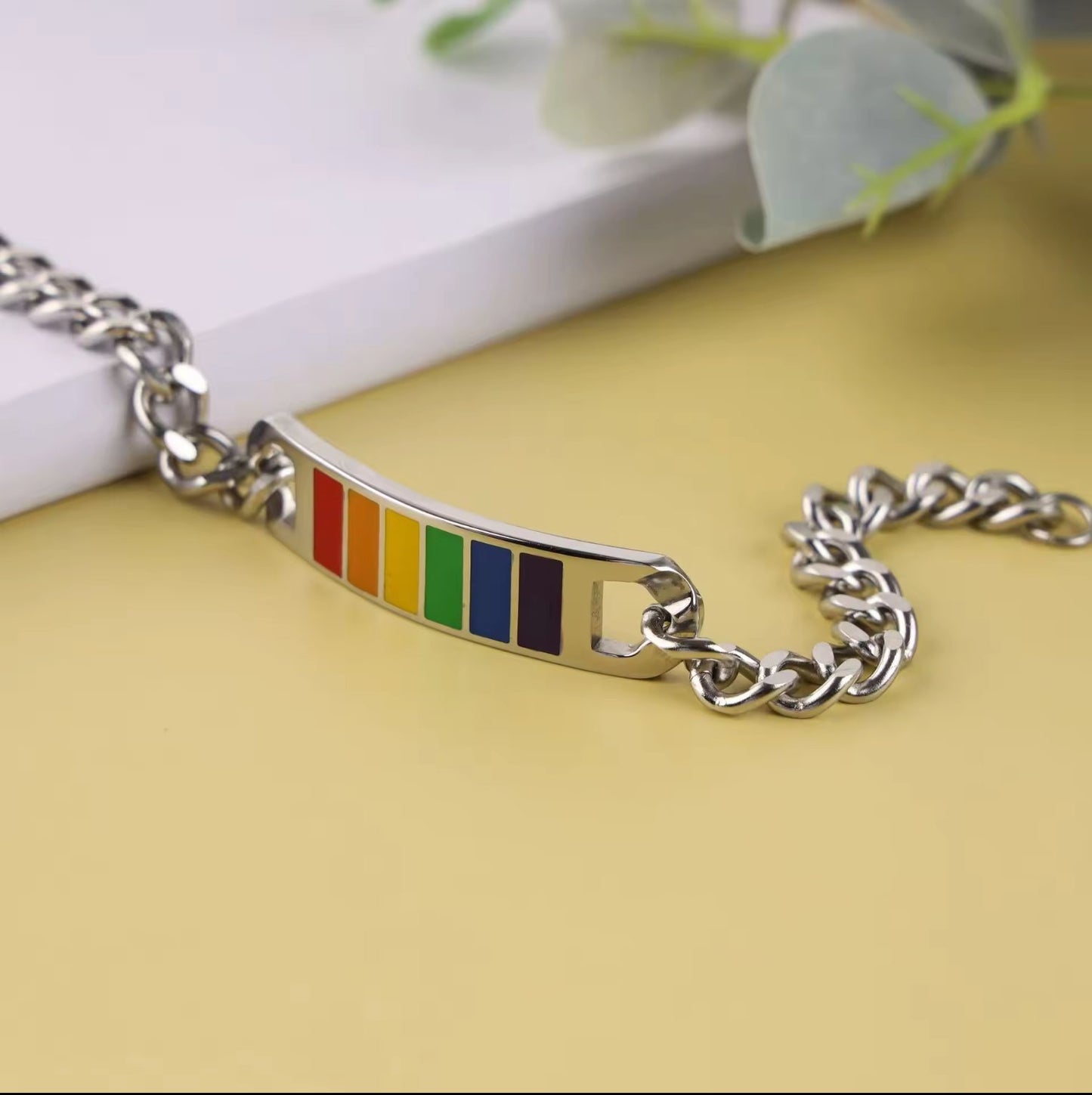 Stainless Steel Link Bracelet with Rainbow Pendant - Rebellious Unicorns